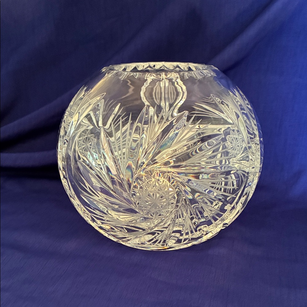 Vintage Lead Crystal Rose Bowl Vase, Round, 12 Point Star Pinwheel Pattern